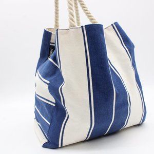 Lancome Paris Canvas Tote Bag Womens Navy/Tan Striped Casual Tote Canvas Bag